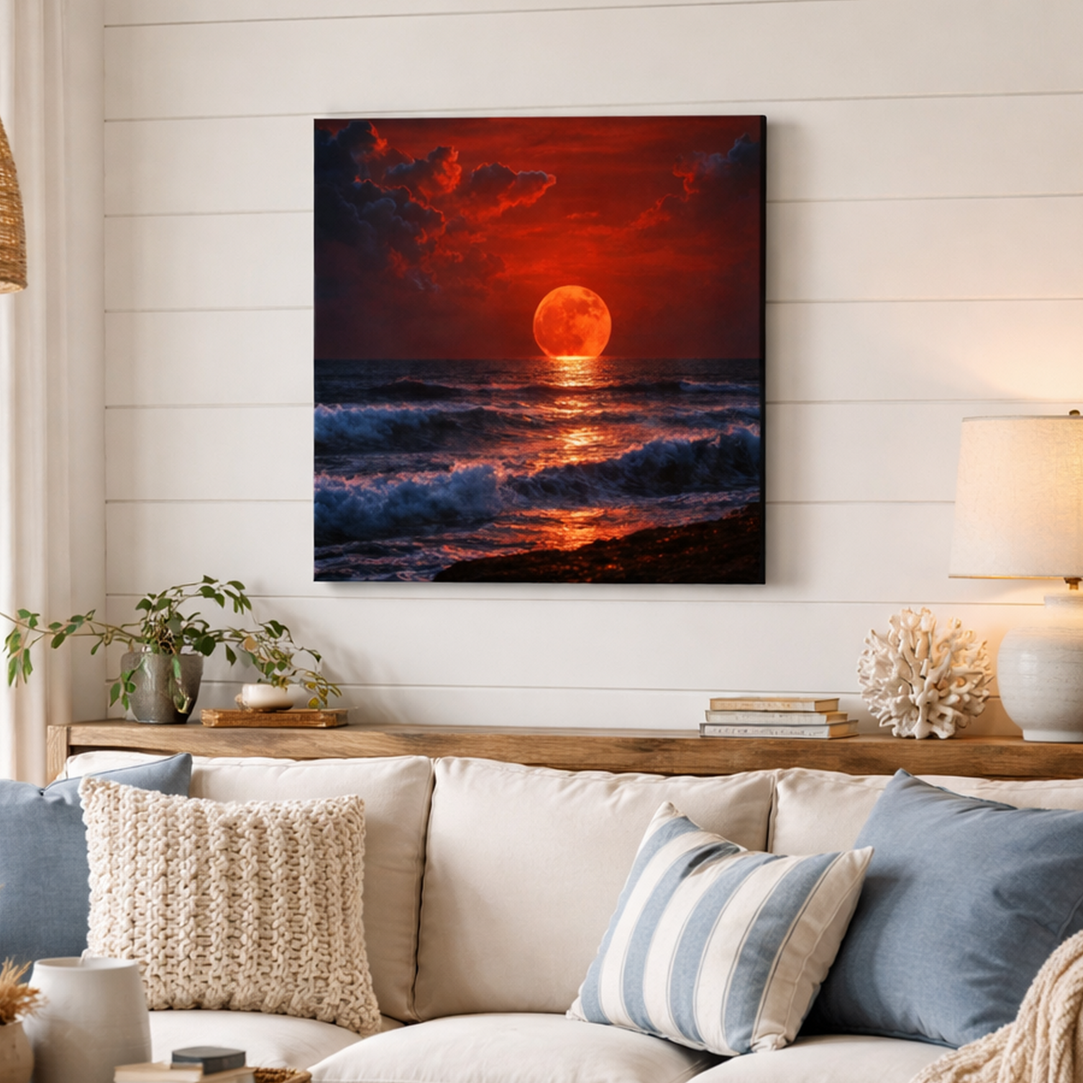 Living room with a sunset over the ocean painting on the wall above a sofa.