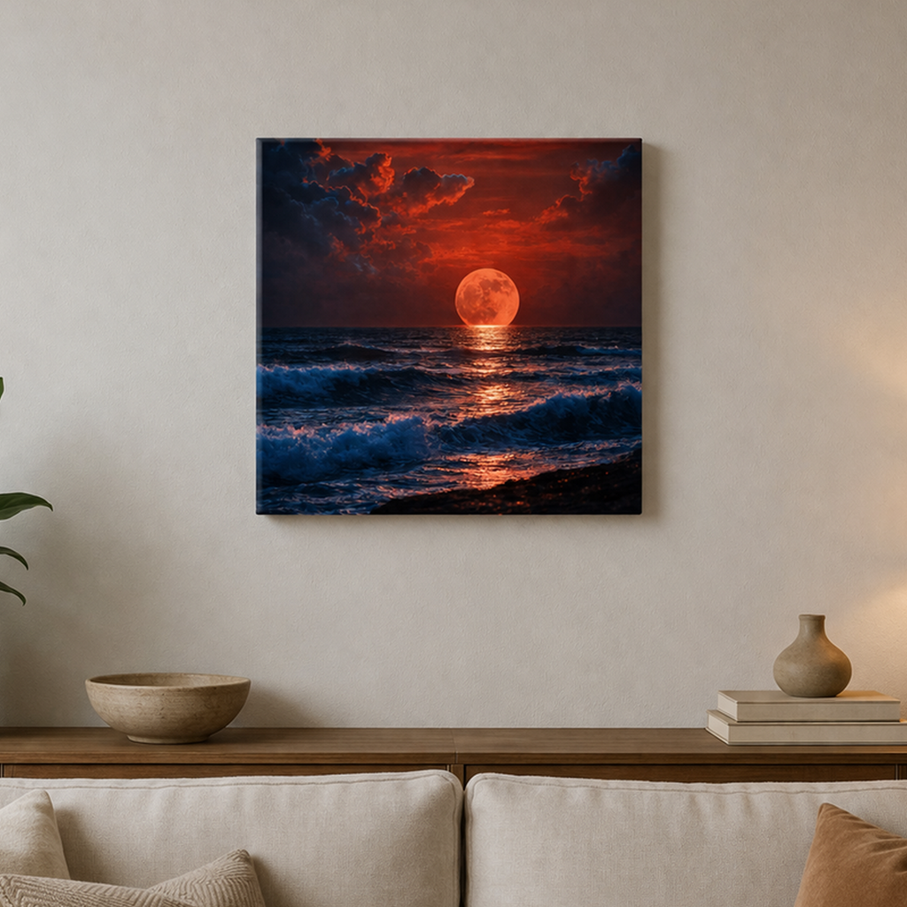 Canvas print of a sunset over water with a red moon hanging on a wall above a living room.