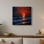 Canvas print of a sunset over water with a red moon hanging on a wall above a living room.
