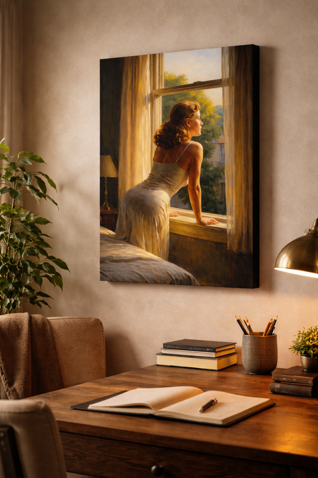 Galery wrapped painting of a woman looking out from window. Edward Hopper style. Set in an office