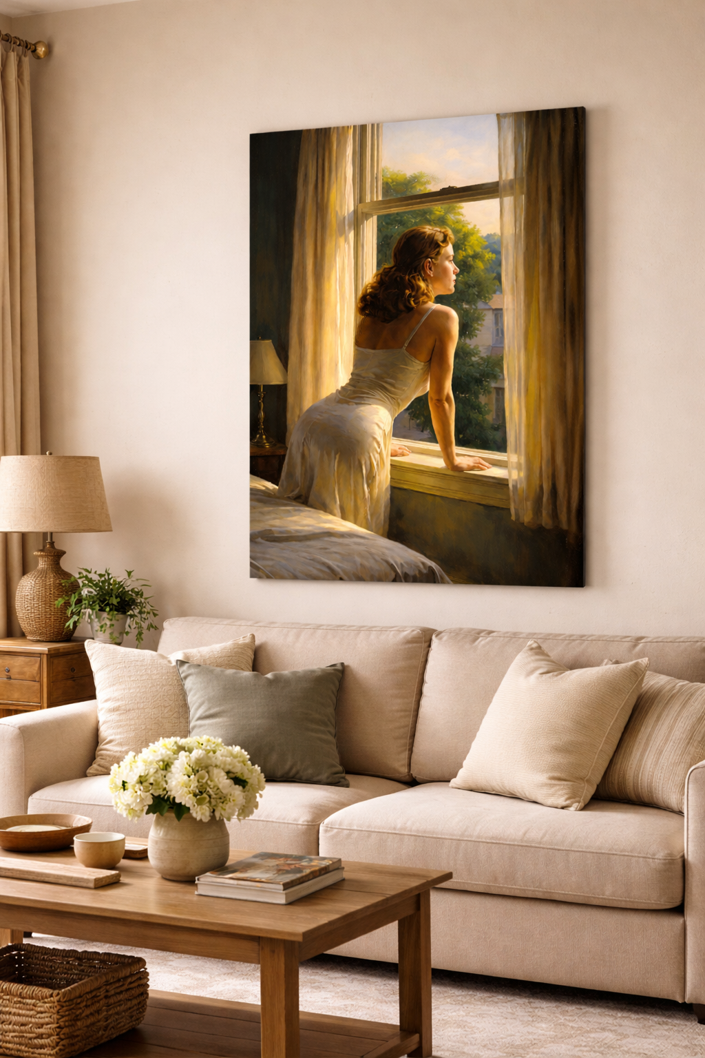 Living room with a large painting of a woman by a window above a beige sofa.