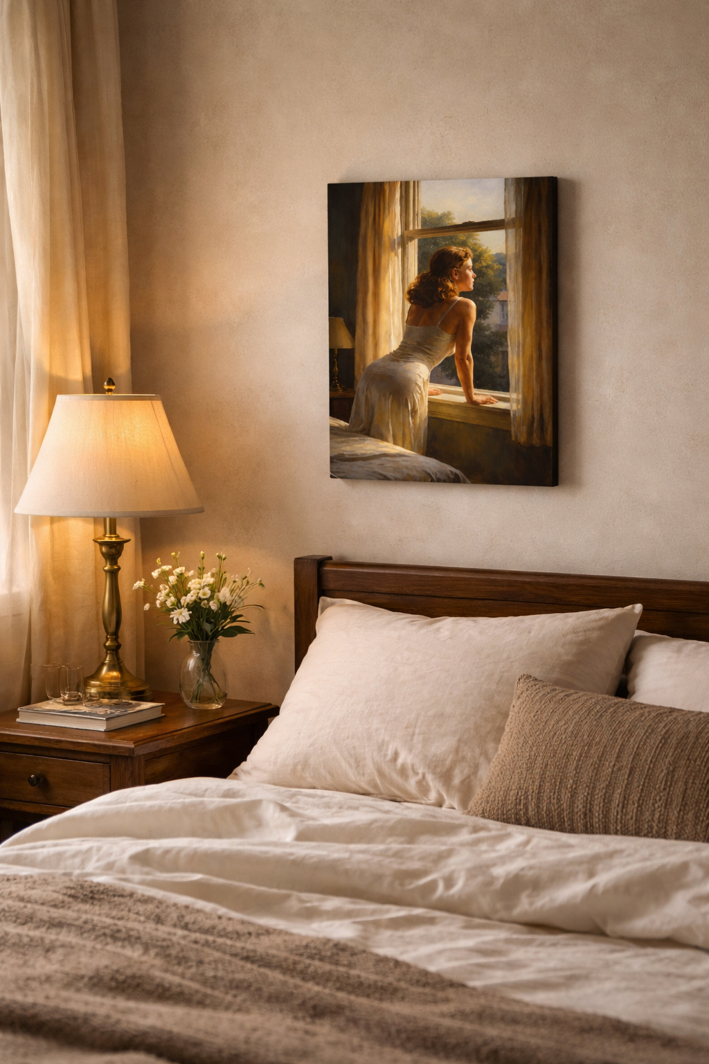 Painting of a beautiful woman looking out of a window set in a bedroom. Galery wrapped canvas.
