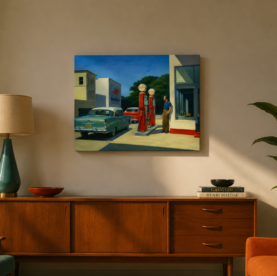 Painting of a gas station scene on a wall above a wooden sideboard with Mobile and Esso logos
