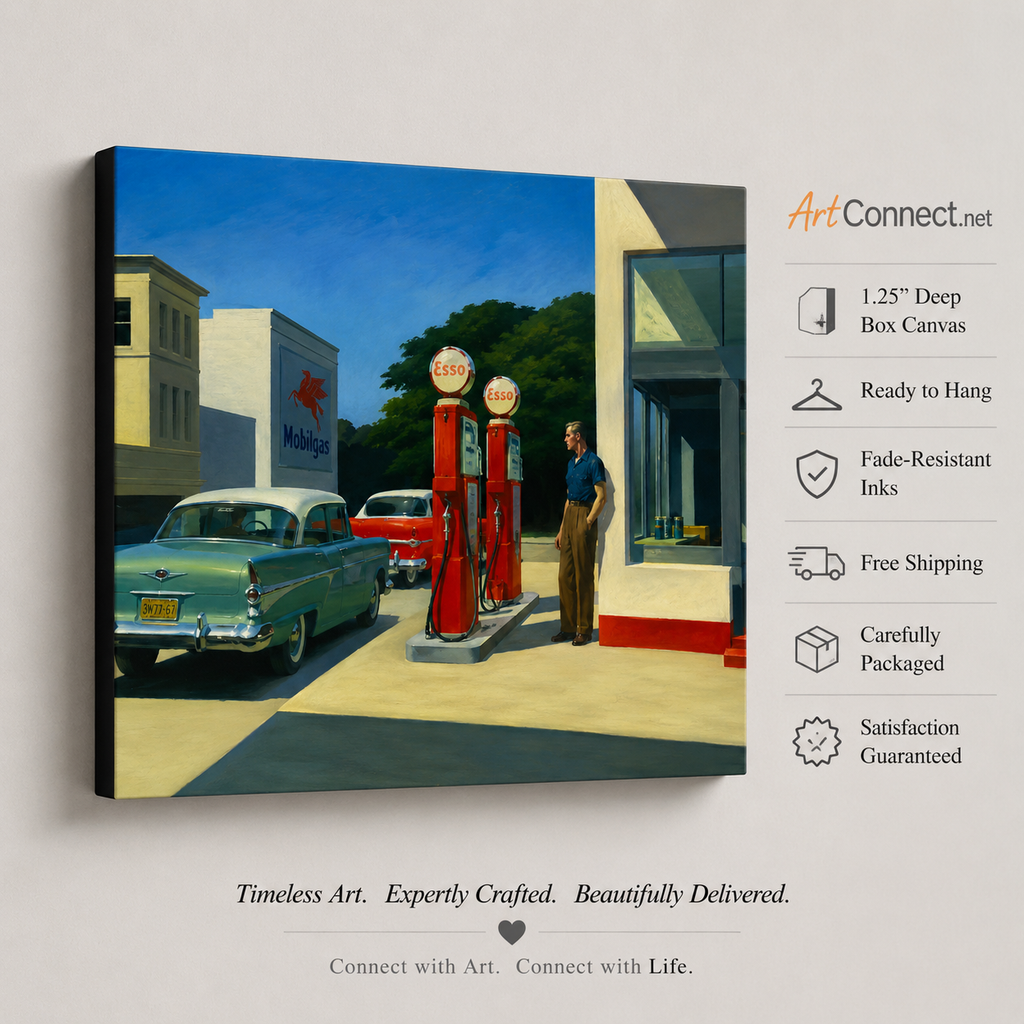 Canvas print of a gas station scene with vintage cars and a person, featuring Art Connect.net branding.