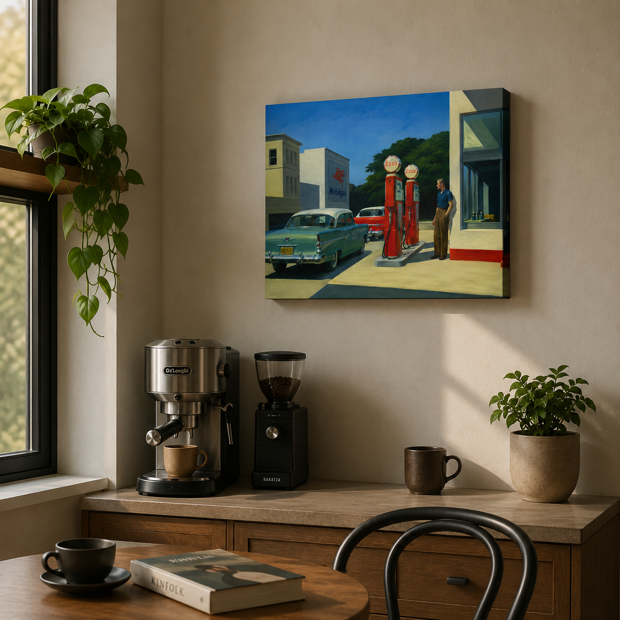 Coffee-making setup on a wooden counter, wall art of a gas station scene. Edward Hopper Inspired Art