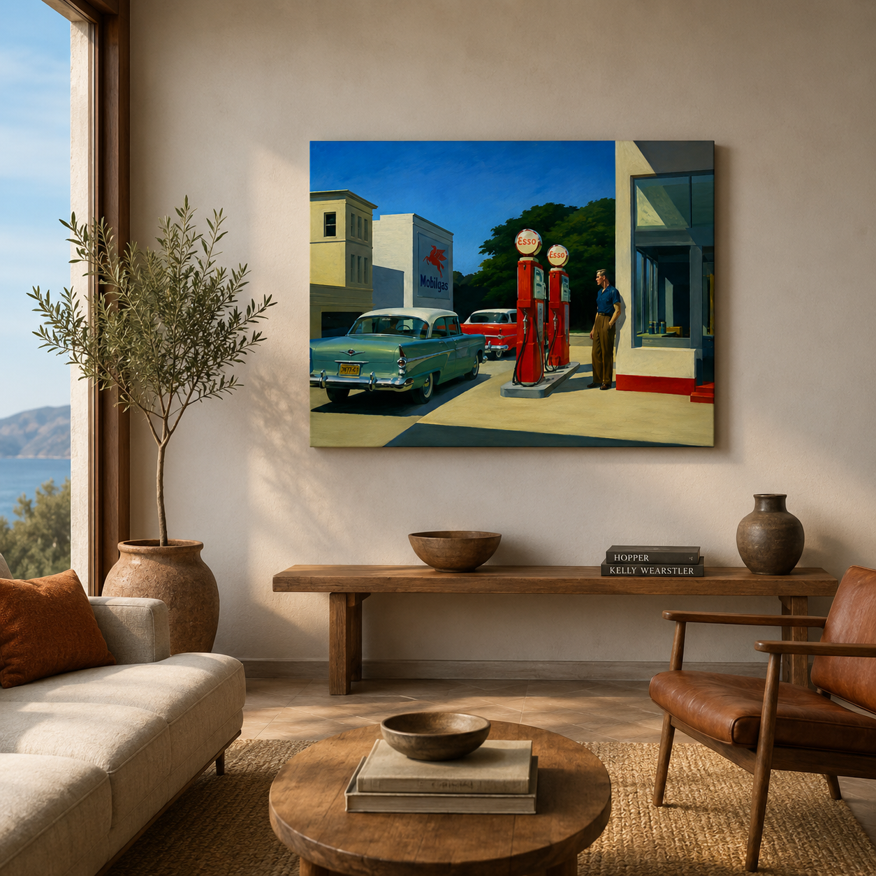 Living room with a painting of a gas station scene on the wall, Mid Century Vibe