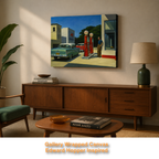 Living room with a painting of a gas station scene on the wall, wooden sideboard, and books.