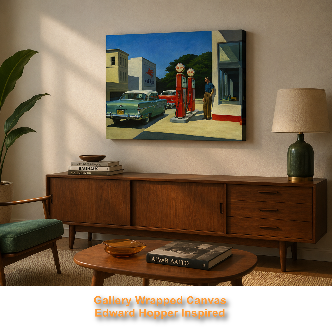 Living room with a painting of a gas station scene on the wall, wooden sideboard, and books.