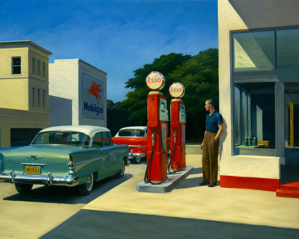 Vintage gas station scene with cars and a man standing outside a building. Mid Century Hopper inspired.