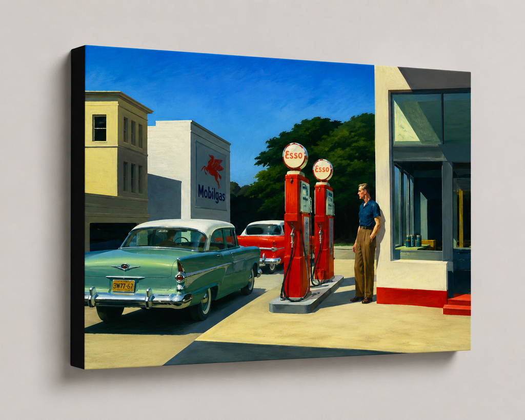 Vintage gas station scene with classic cars and a person at a pump, featuring Esso logo.