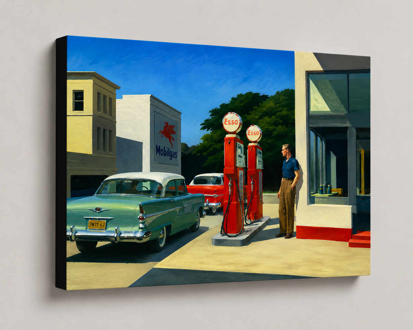 Vintage gas station scene with classic cars and a person at a pump, featuring Esso logo.