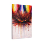 Abstract art canvas with colorful splatter design on a white background