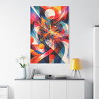 Colorful abstract painting on a white wall above a white cabinet with decorative items.