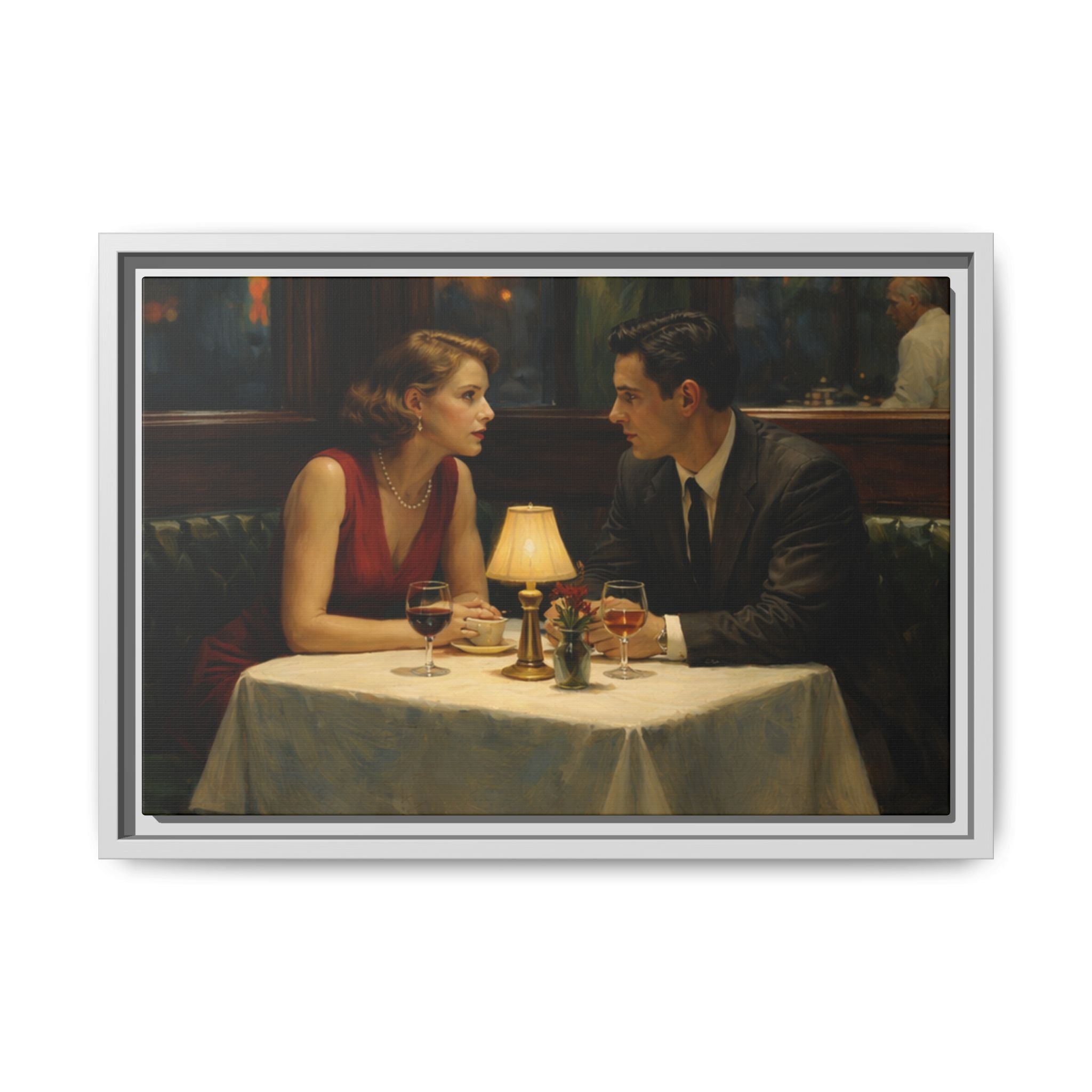 Framed Matte Canvas | Intimate evening in a dim restaurant | Edward Hopper Homage