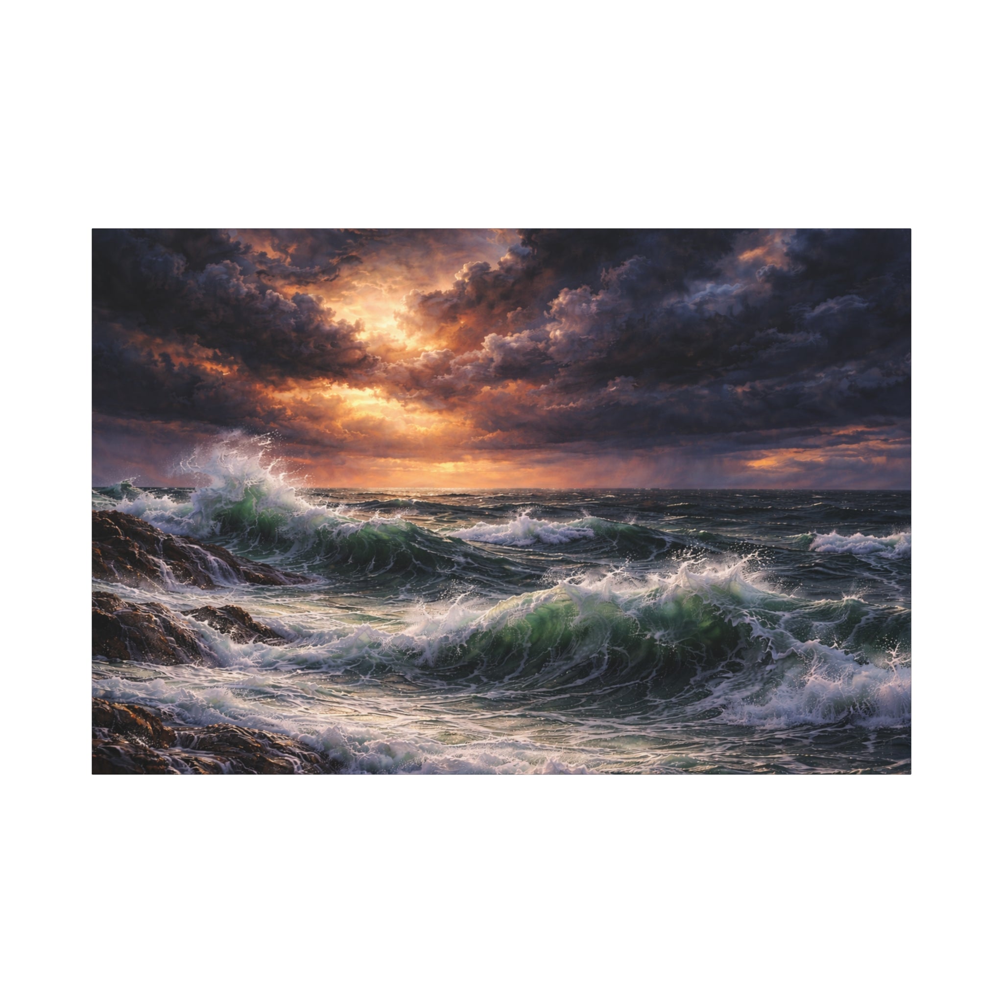 Stormy ocean with waves crashing against rocks under a dramatic sunset sky.