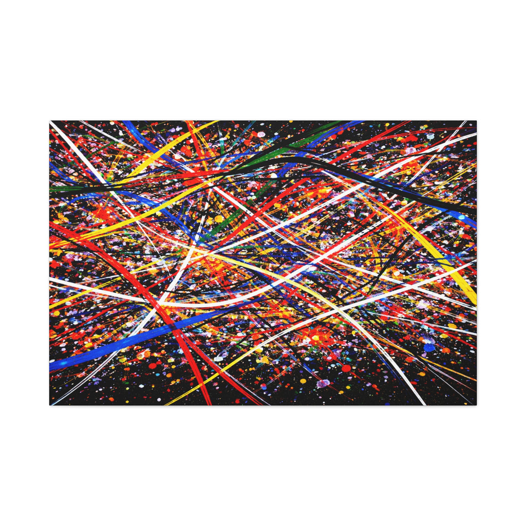 Abstract artwork with colorful lines and dots on a black background