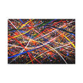 Abstract artwork with colorful lines and dots on a black background