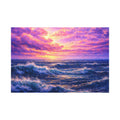 Sunset over the ocean with purple and pink clouds.