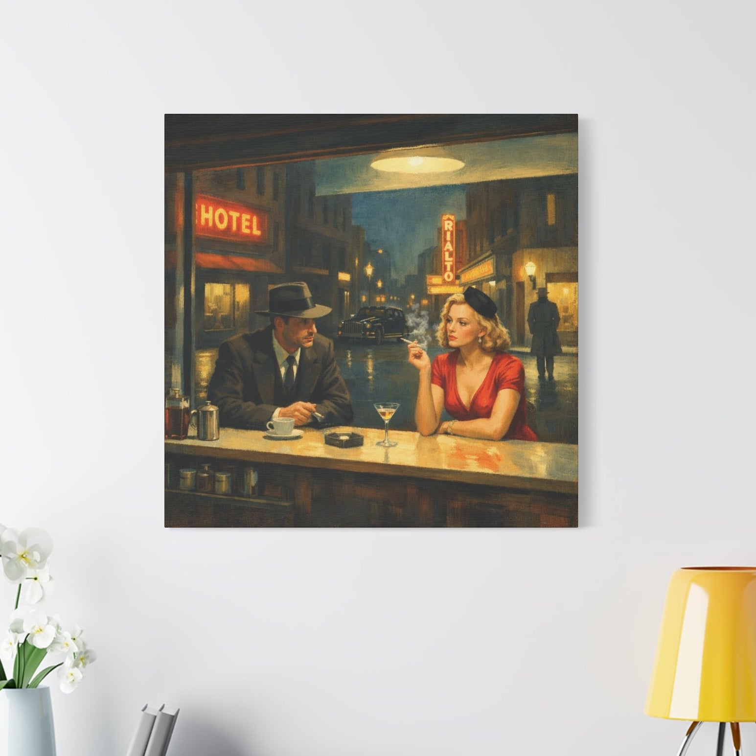 Painting of a couple at a bar. Cinematic Art