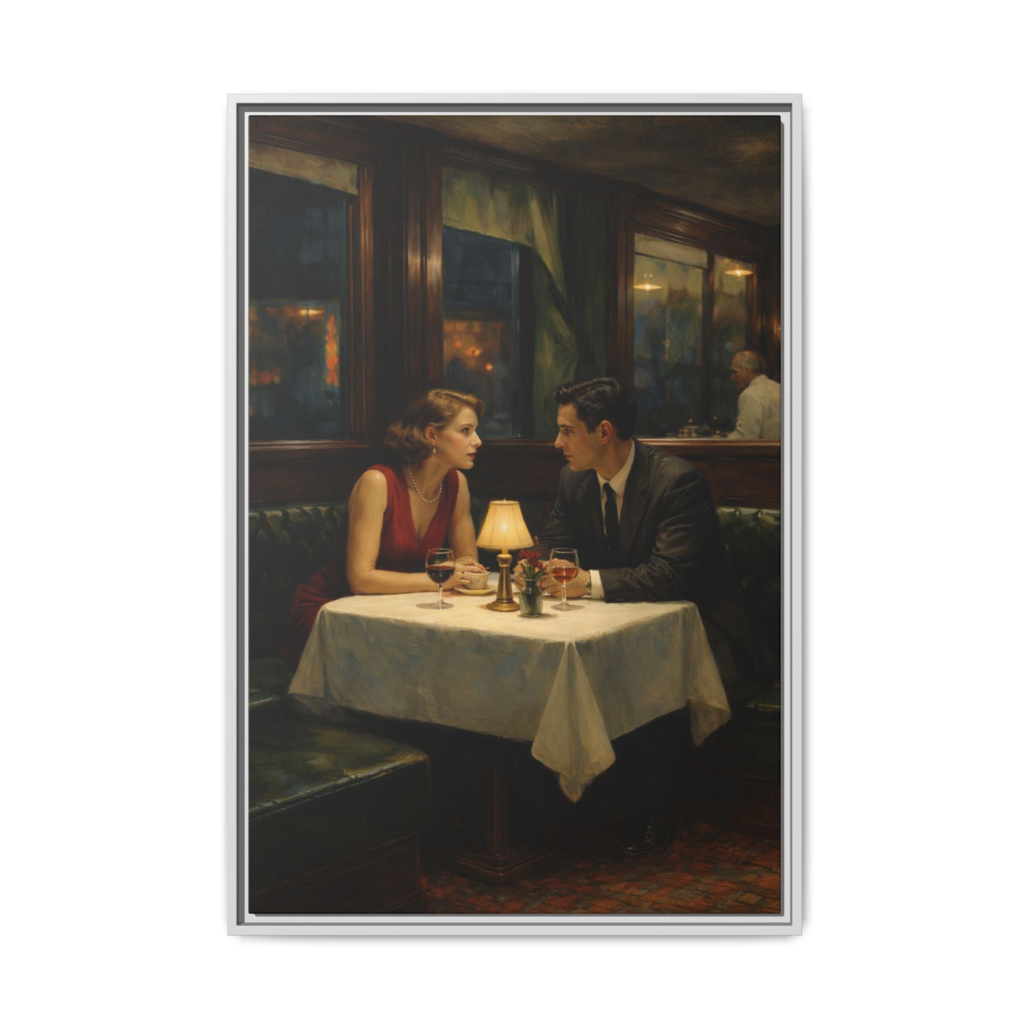 Framed Matte Canvas | Intimate evening in a dim restaurant | Edward Hopper Homage