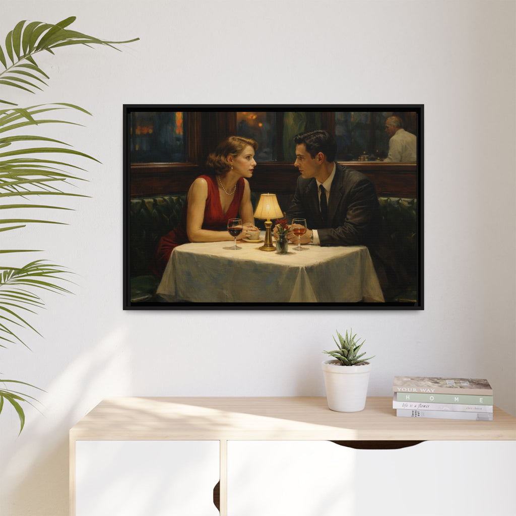 Framed Matte Canvas | Intimate evening in a dim restaurant | Edward Hopper Homage