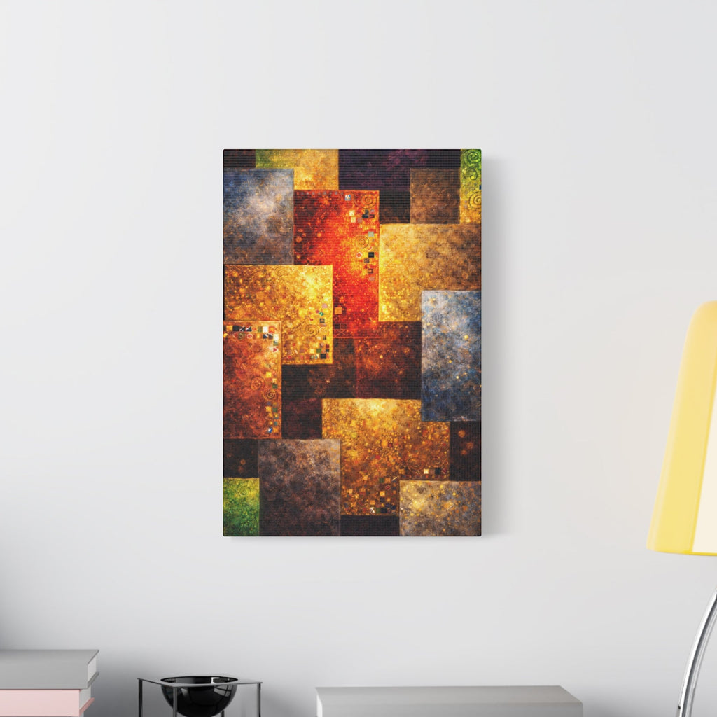 Abstract art piece on a wall above a desk with books and a lamp.