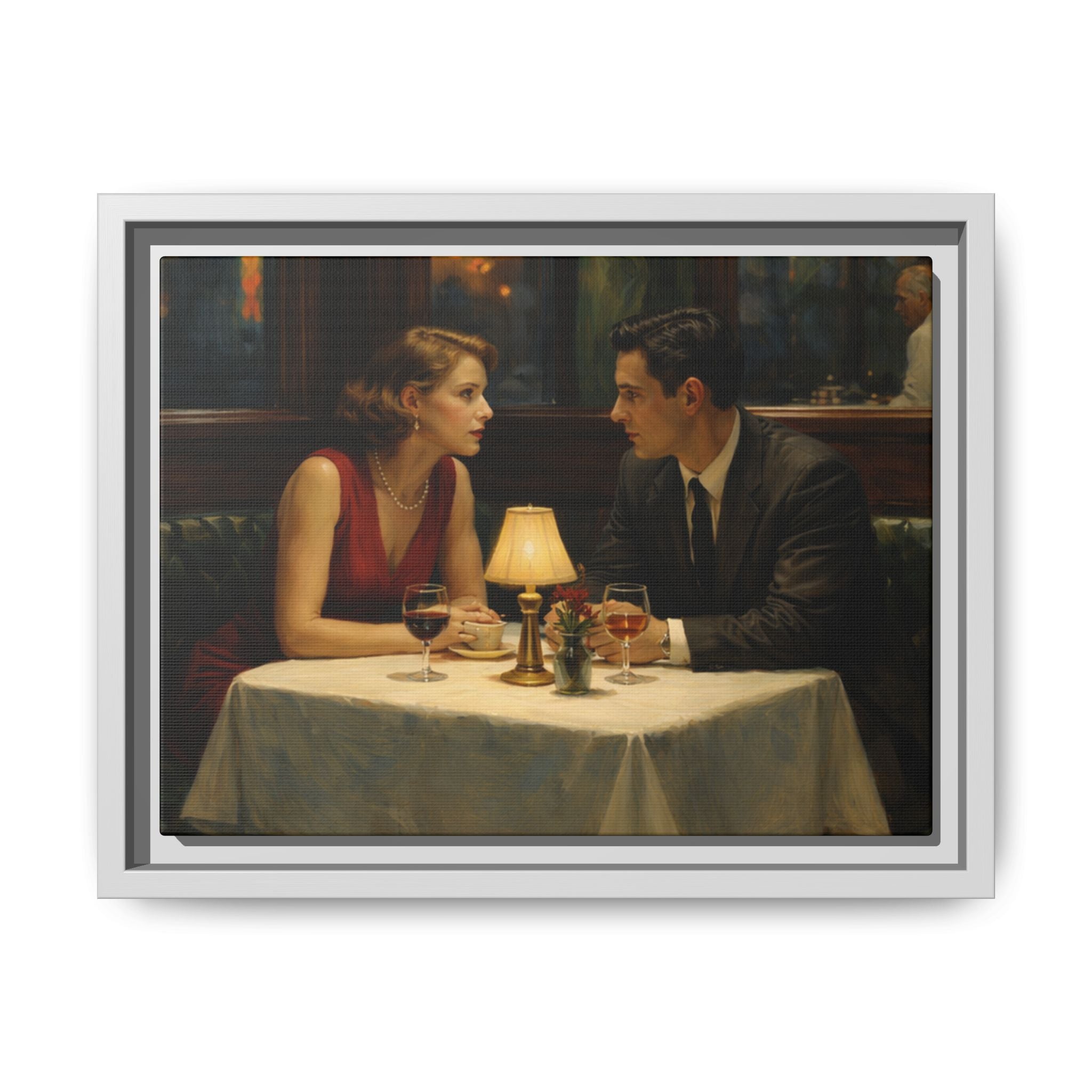 Framed Matte Canvas | Intimate evening in a dim restaurant | Edward Hopper Homage