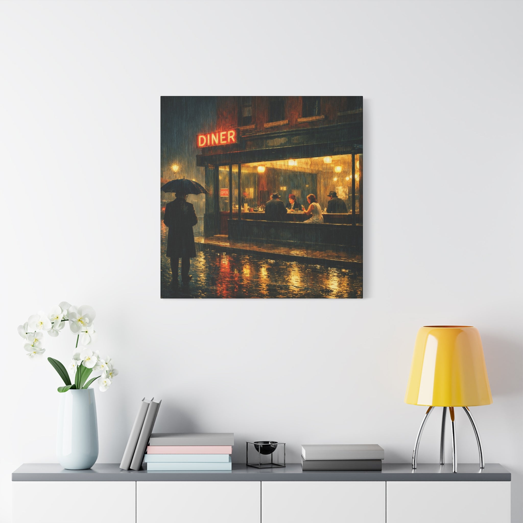 Stretched Canvas Rainy Night Diner | Edward Hopper Inspiration | Cinematic Scene