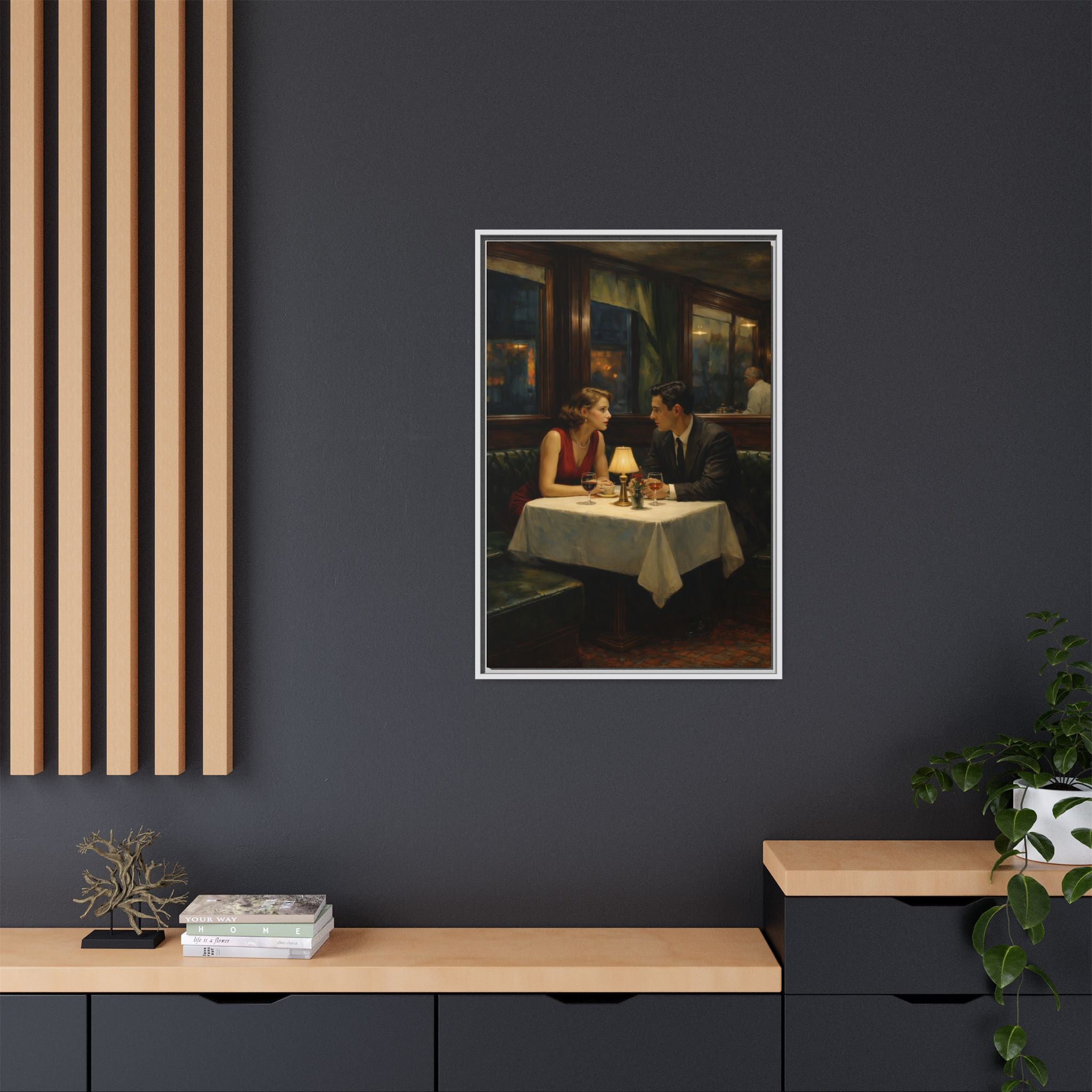 Framed Matte Canvas | Intimate evening in a dim restaurant | Edward Hopper Homage