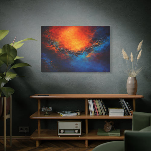 Abstract painting on a wall above a wooden shelf with books and decor.