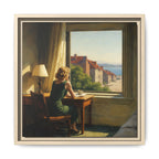 Woman sitting at a desk by a window with a scenic view of buildings and water.