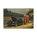 Vintage painting of a man working on a car at a gas station with Texaco pumps.