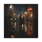 Dramatic street scene with a couple under a neon 'Hotel' sign on a rainy night.