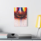 Abstract rainbow painting on a wall above a desk with books and a lamp.