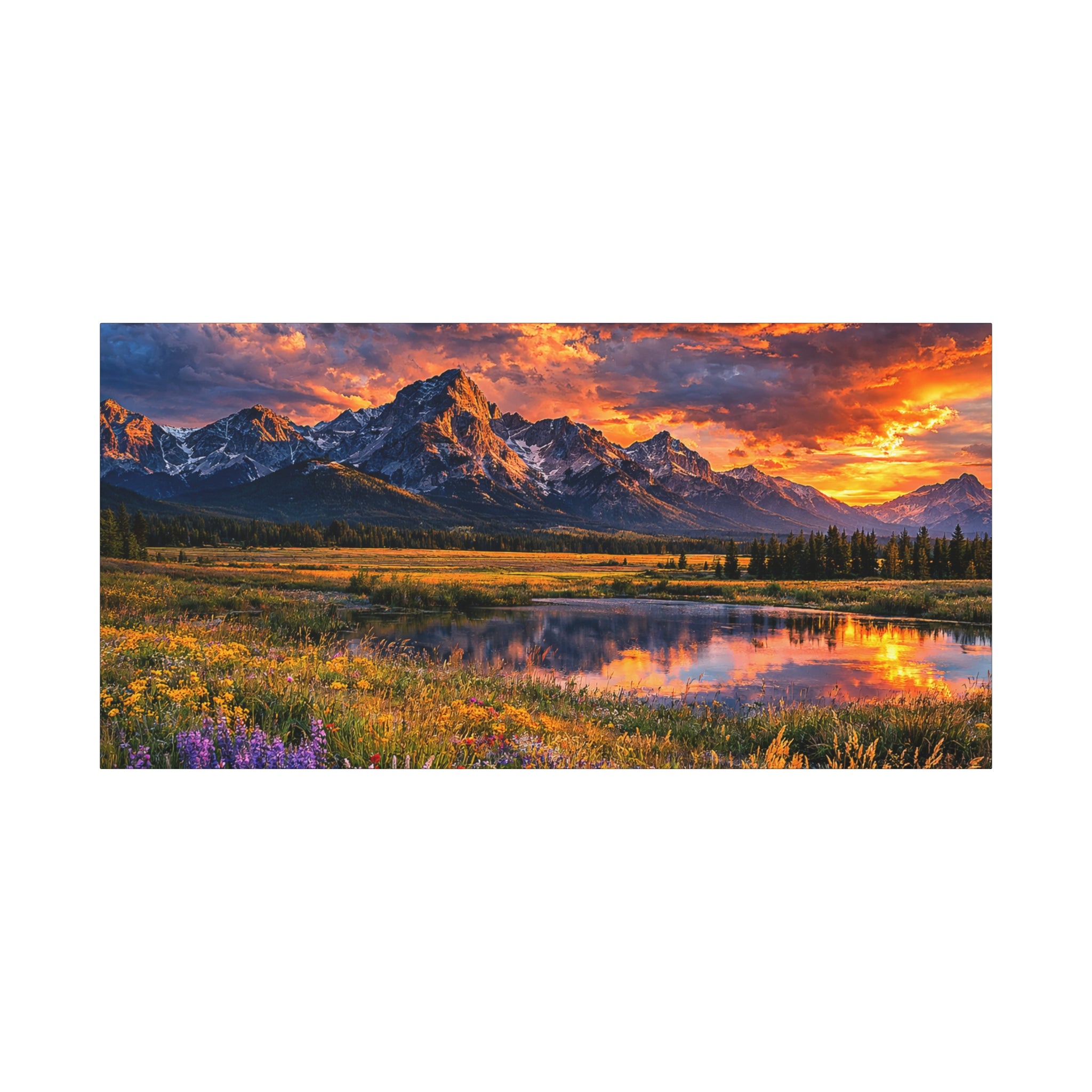 Mountain Sunset Canvas Wall Art — Wildflower Meadow Landscape, Stretched Matte Print