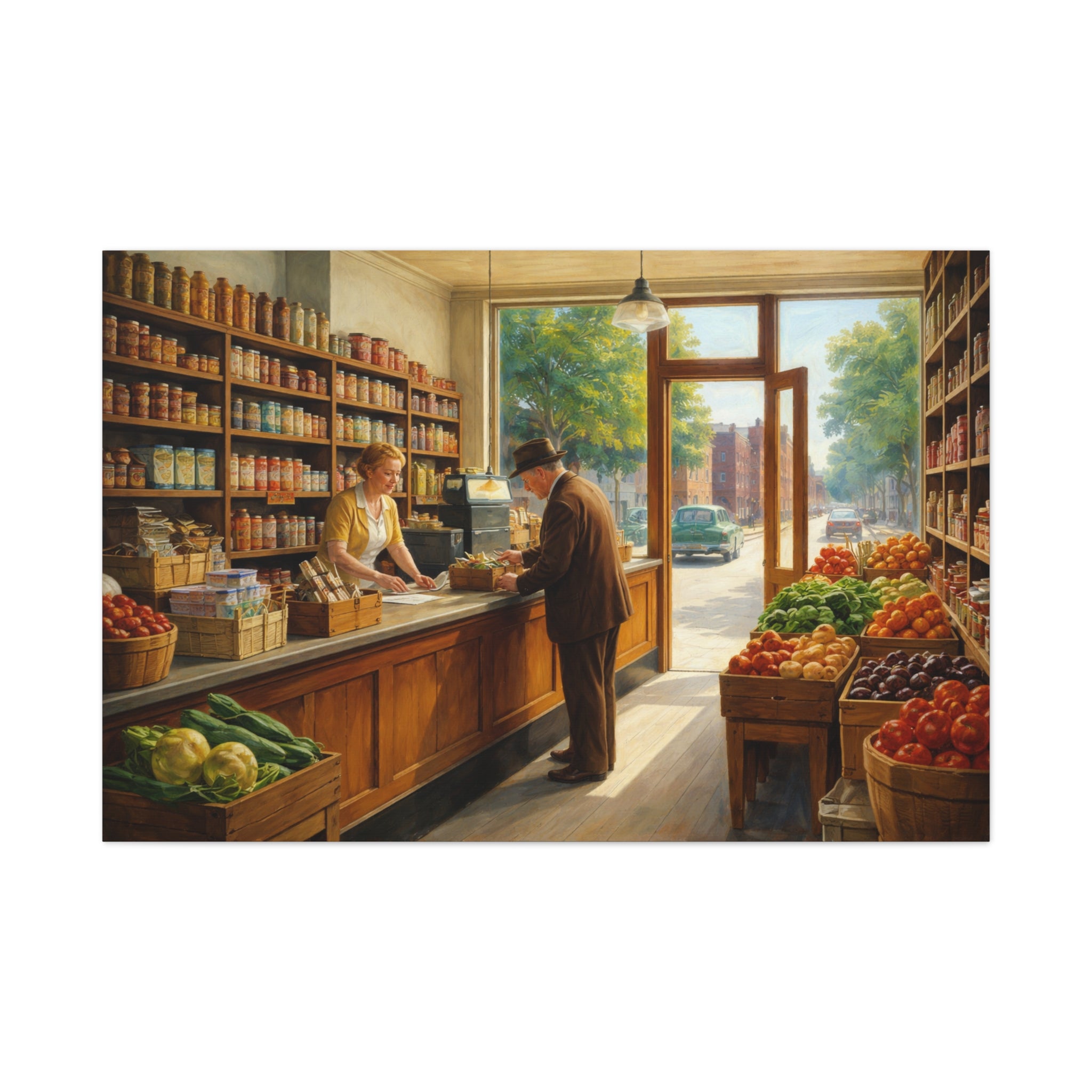 Corner Grocery Store Scene Matte Canvas | Vintage Store Scene Wall Art | Edward Hopper inspired Artwork