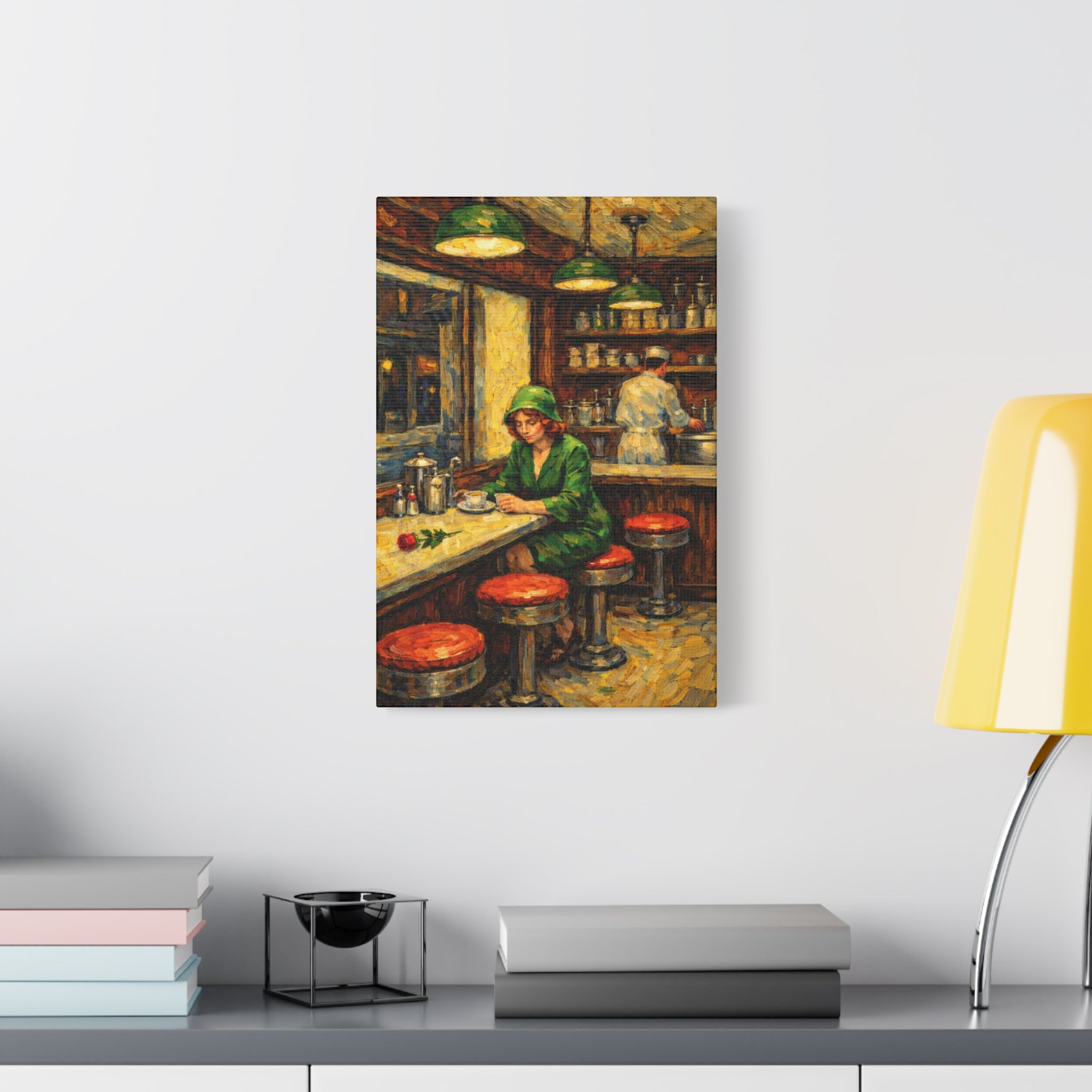 Woman at Diner Counter | Matte Canvas Stretched | Homage to Hopper and Van Gogh
