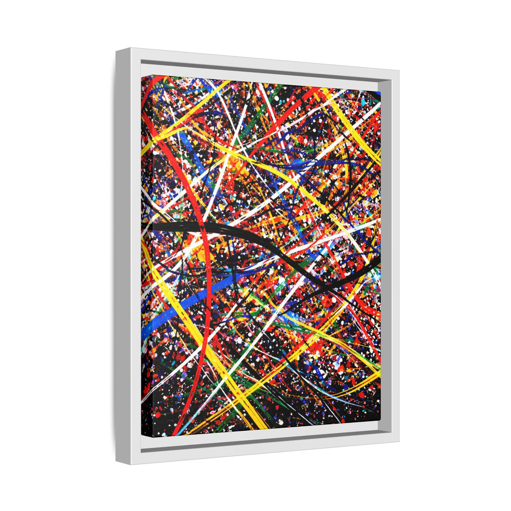 Abstract artwork with colorful lines in a white frame on a white background