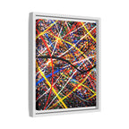 Abstract artwork with colorful lines in a white frame on a white background