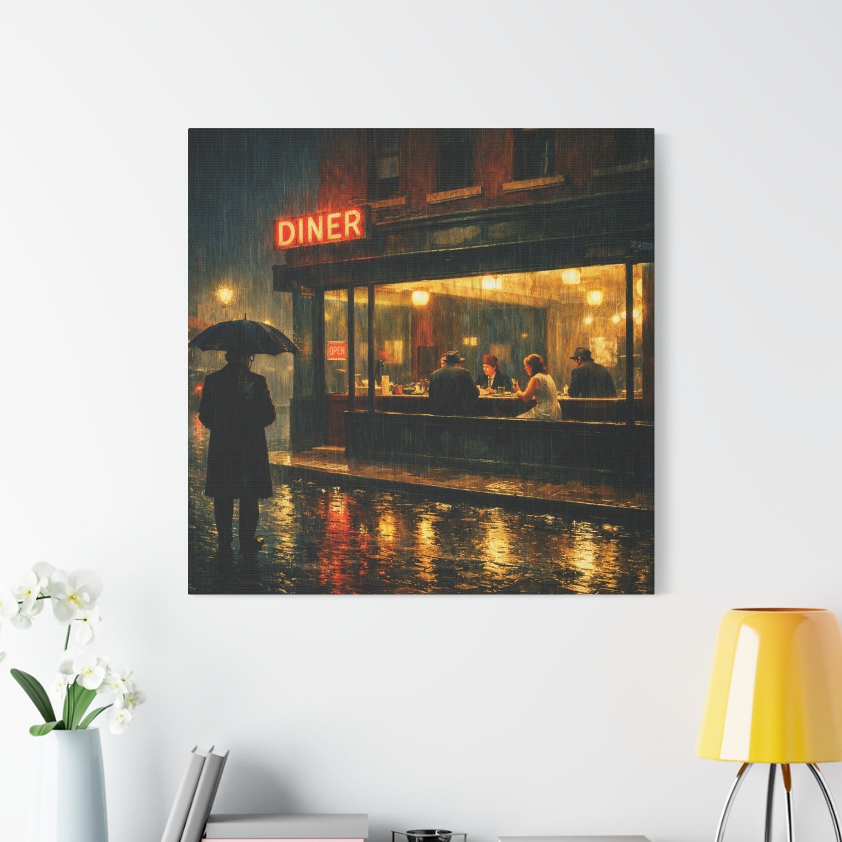 Stretched Canvas Rainy Night Diner | Edward Hopper Inspiration | Cinemtic