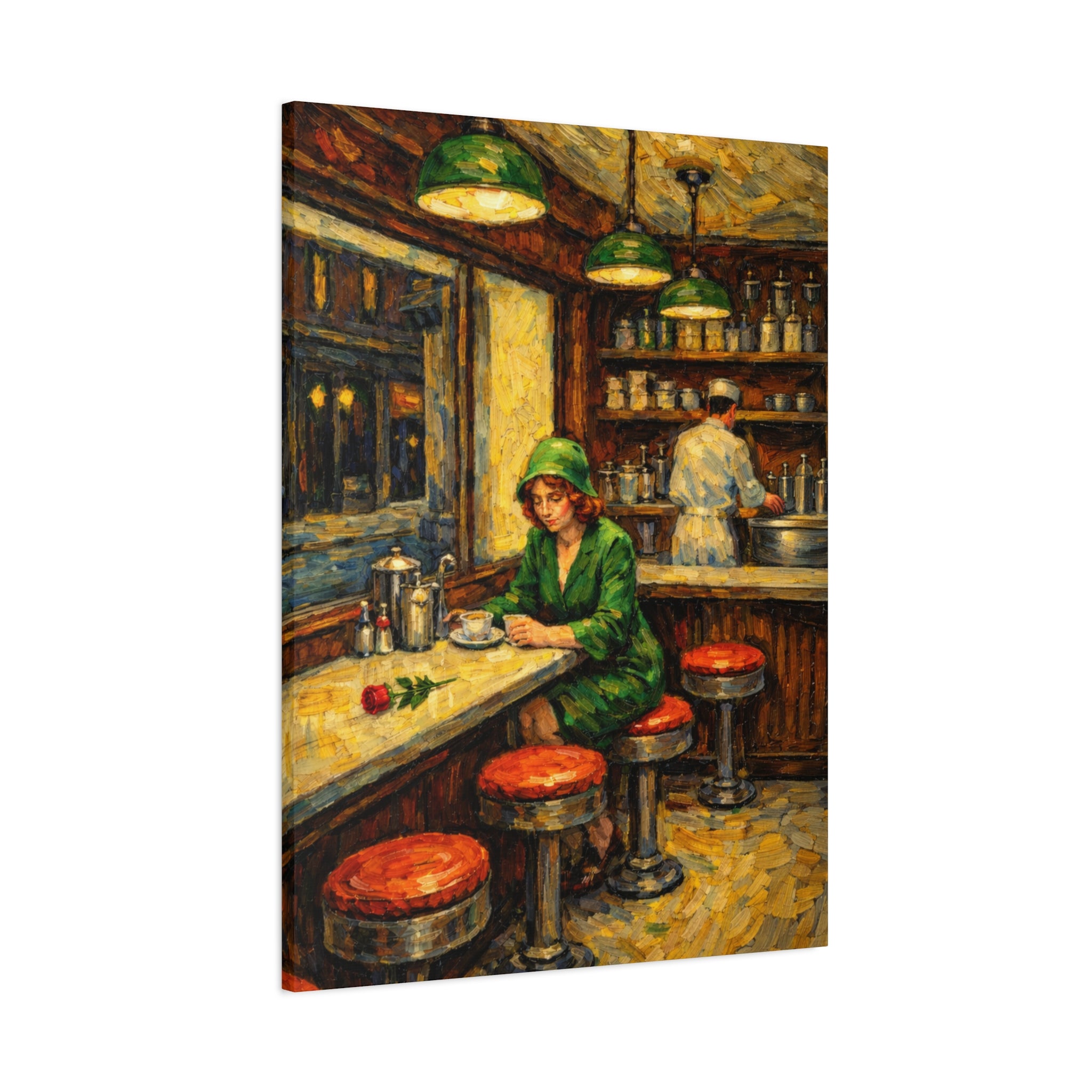 Woman at Diner Counter | Matte Canvas Stretched | Homage to Hopper and Van Gogh
