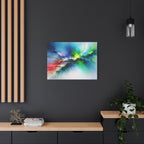 Colorful abstract painting on a dark wall with wooden shelves and decor.