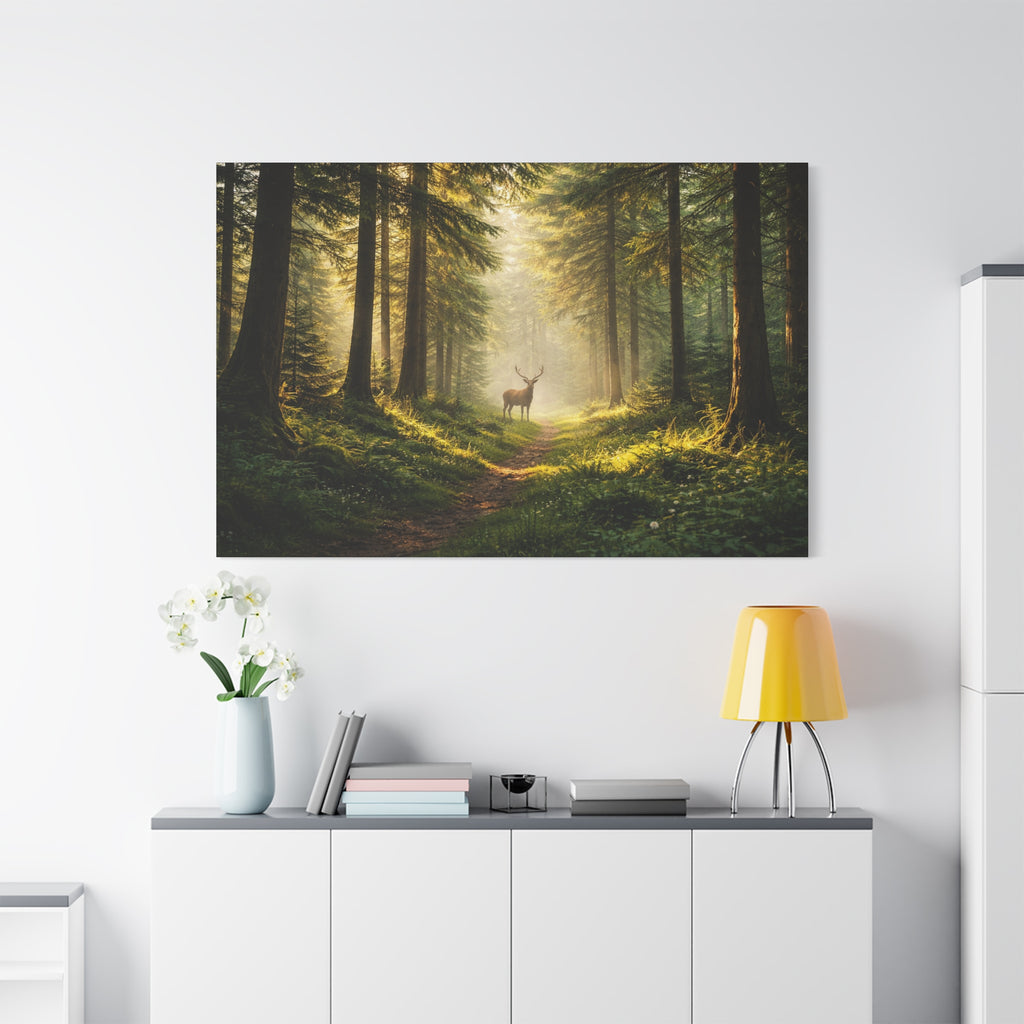 Forest scene painting on a wall above a white cabinet with decor items.