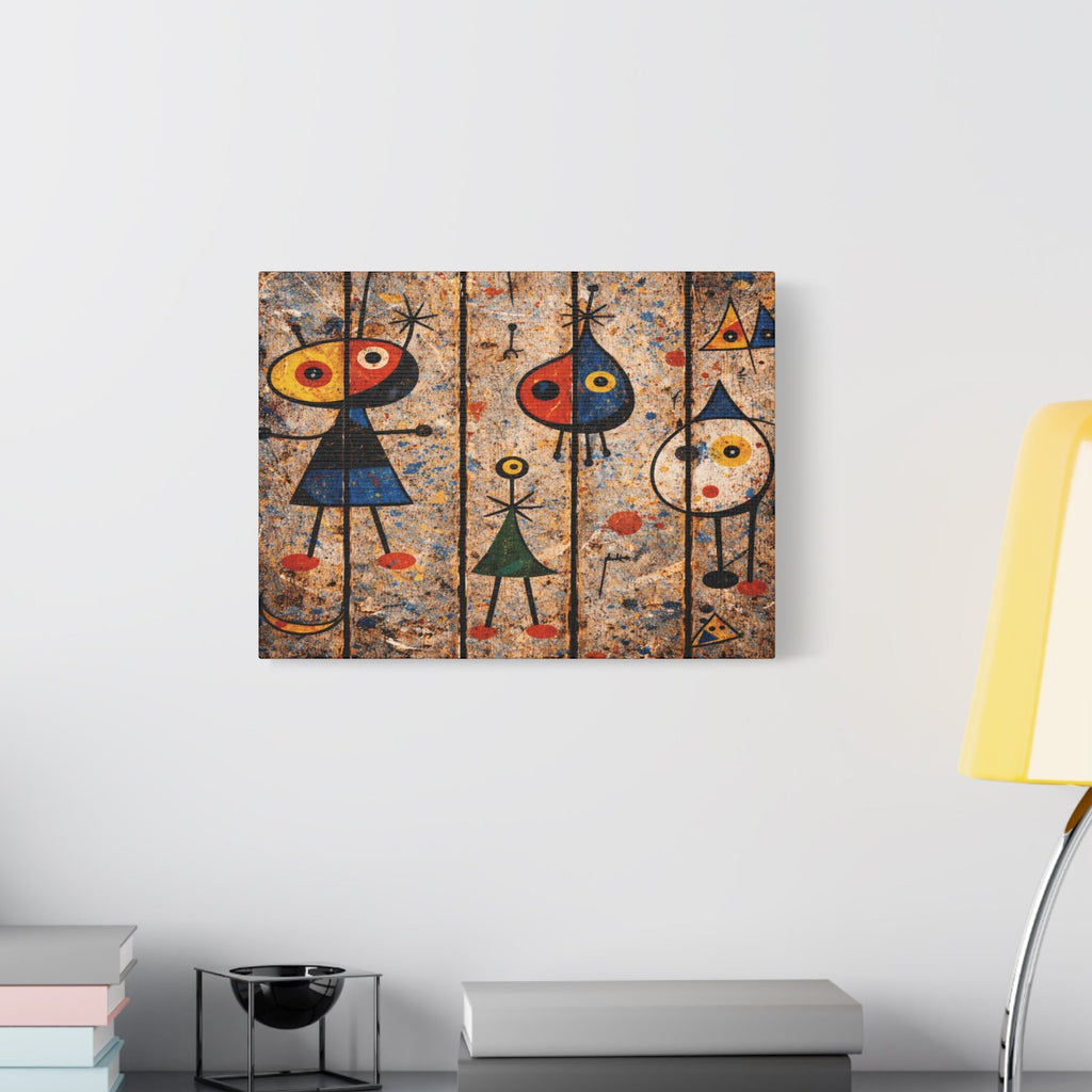 Abstract artwork on a wall above a shelf with books and a lamp.