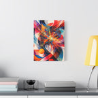 Colorful abstract painting on a wall above a desk with books and a lamp.