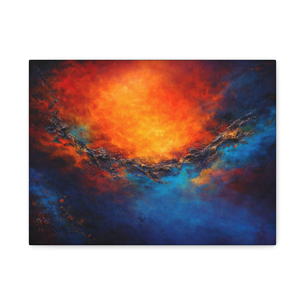Abstract painting with warm orange and red center transitioning to cool blue on a white background