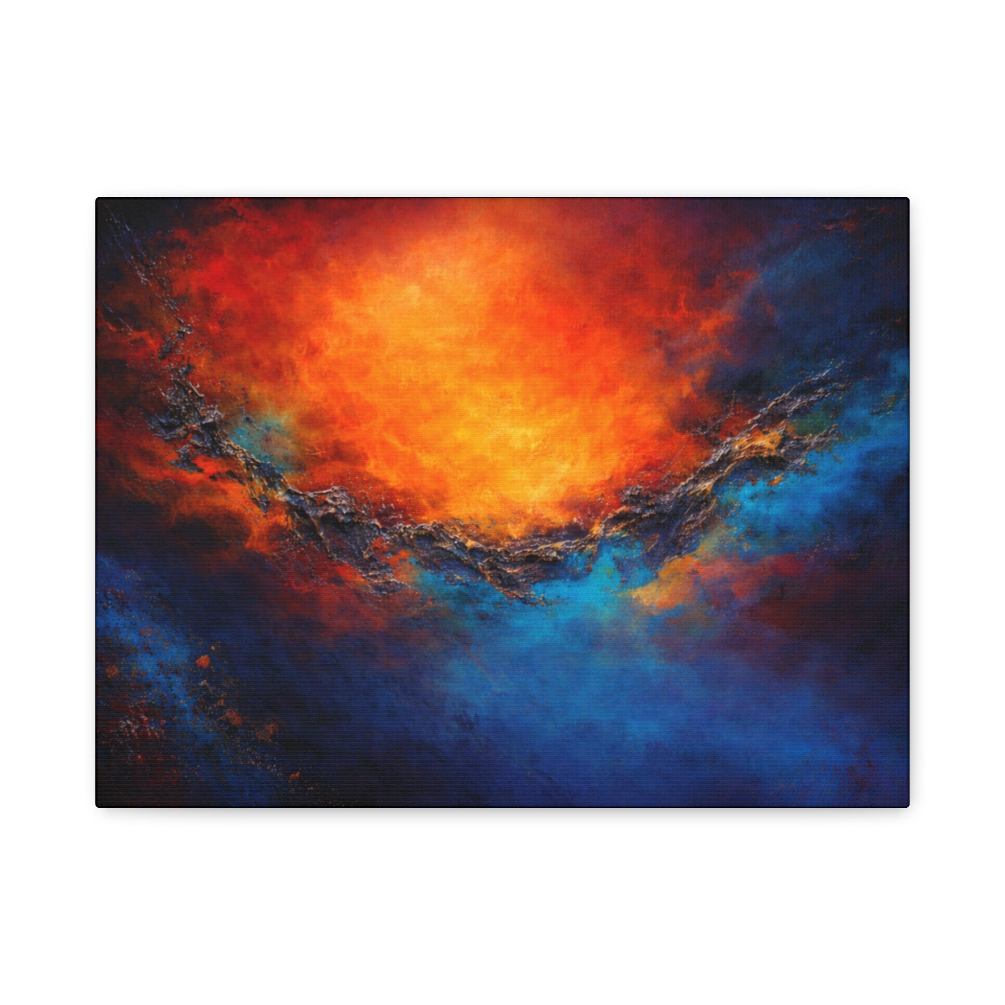 Abstract painting with warm orange and red center transitioning to cool blue on a white background