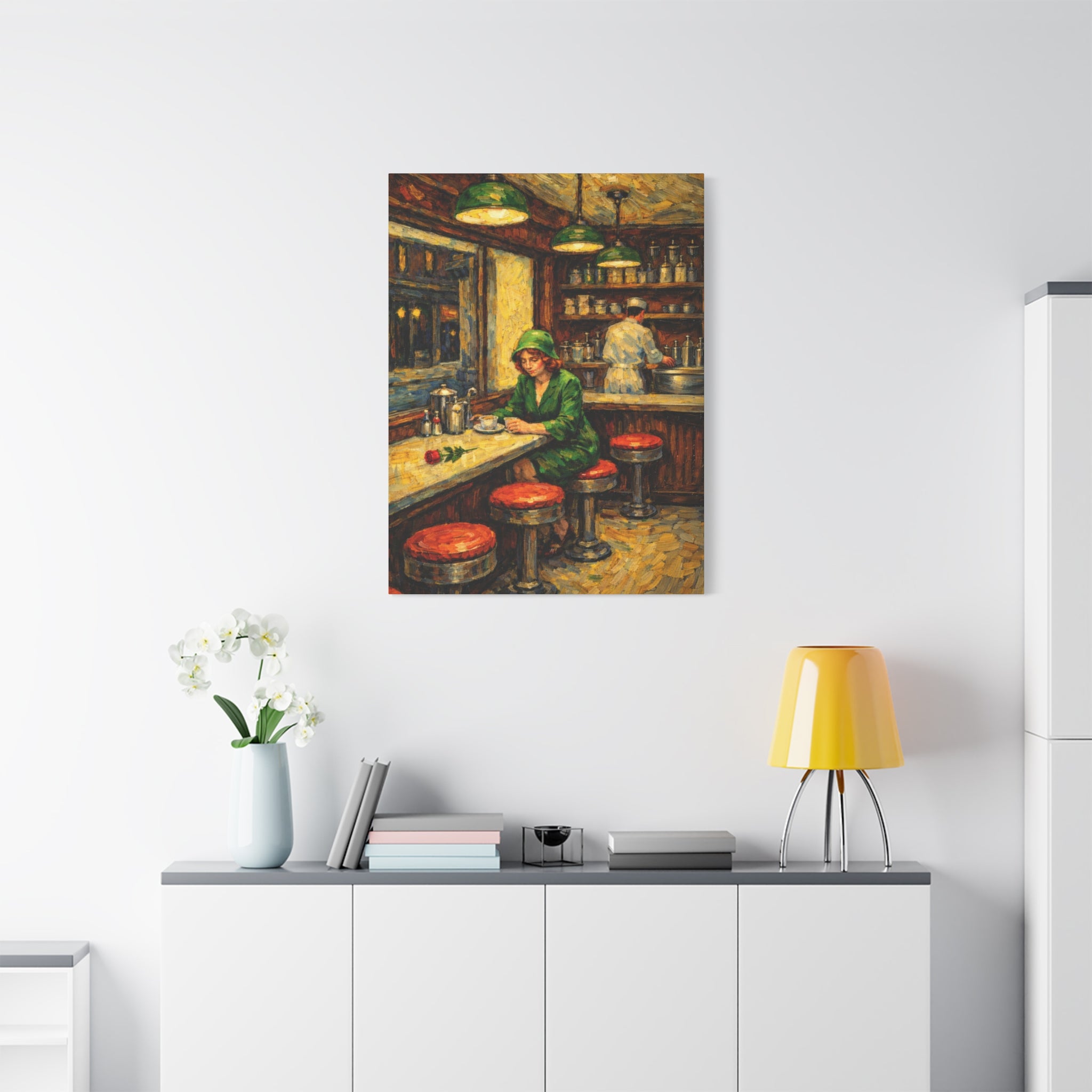 Woman at Diner Counter | Matte Canvas Stretched | Homage to Hopper and Van Gogh