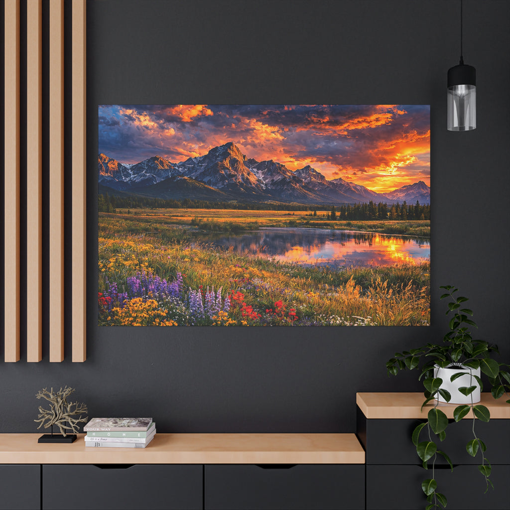 Scenic landscape painting of mountains and flowers on a dark wall with wooden shelves.