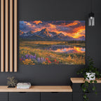 Scenic landscape painting of mountains and flowers on a dark wall with wooden shelves.